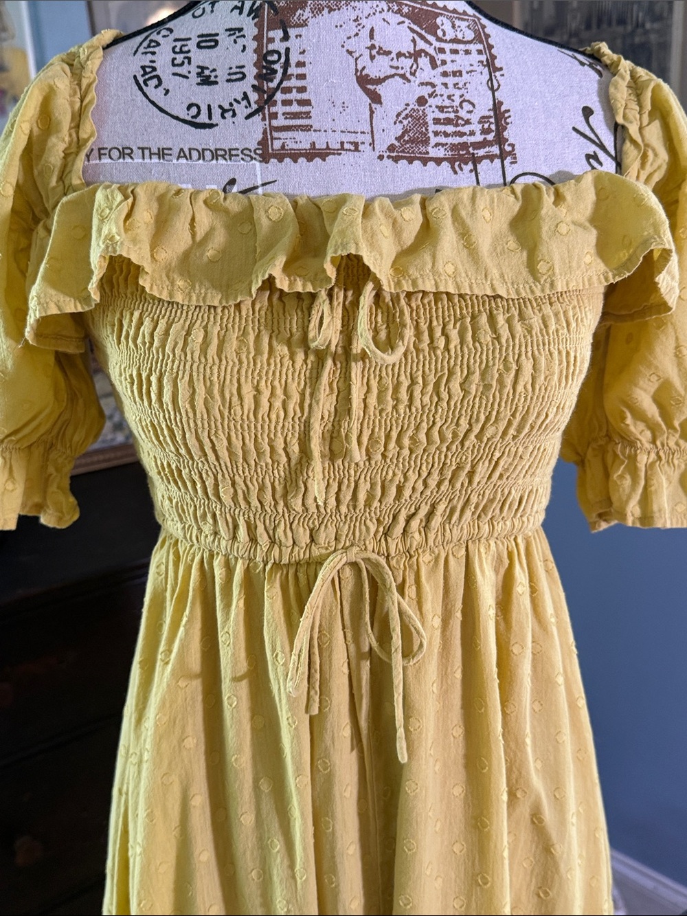 R. Yiposha Yellow Chartreuse Swiss Dot Smocked Puff Sleeve Off Shoulder Dress - Picture 8 of 13